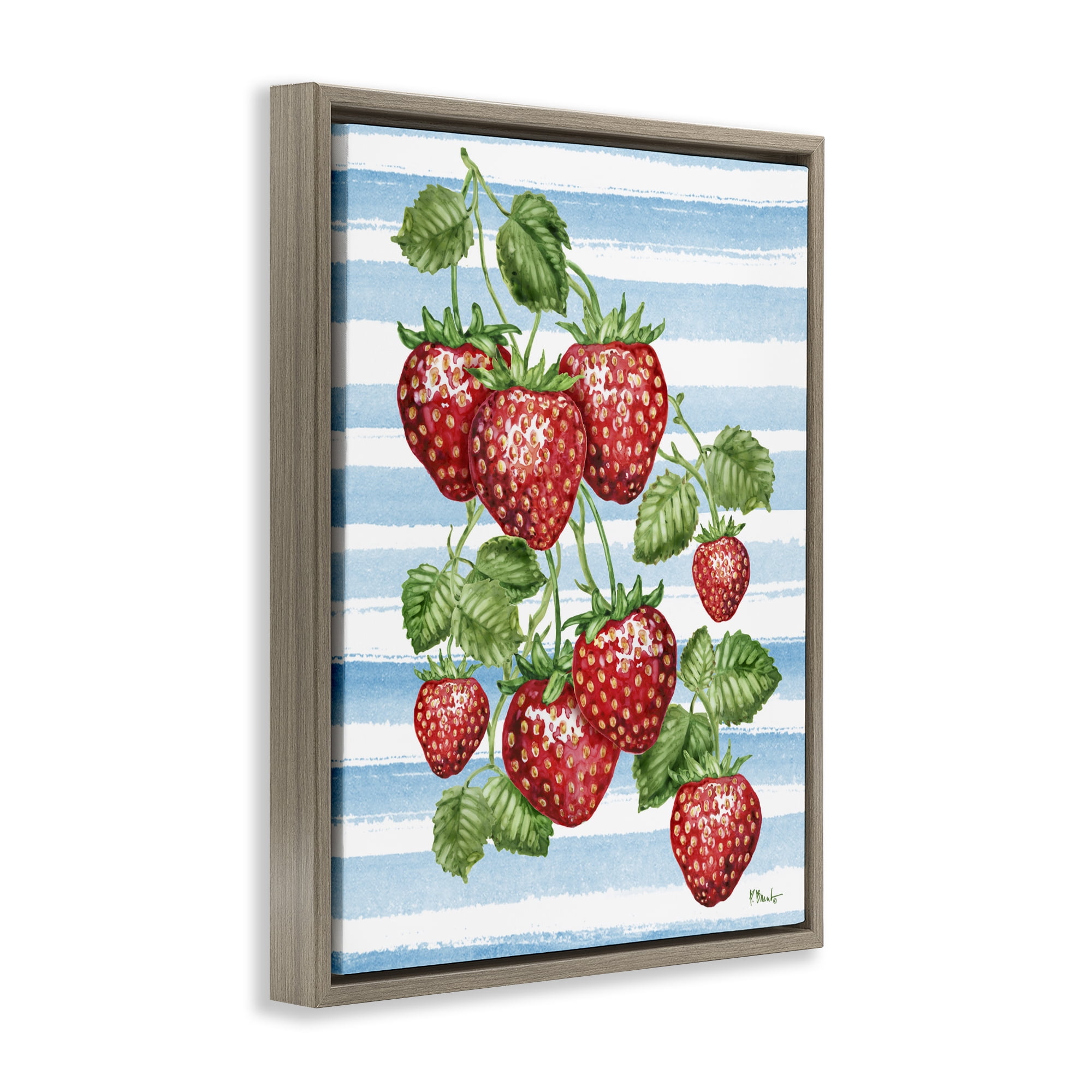 Stupell Industries Juicy Strawberry Vine on Stripes Brown Framed Floater Canvas Wall Art, design by Paul Brent