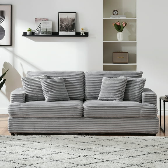 3 Seater Corduroy With 4 Pillows, Cozy, Gray Spacious Couch