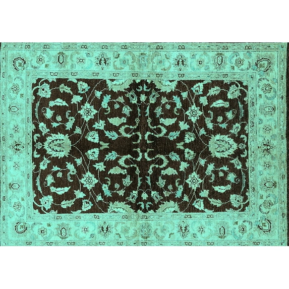 Ahgly Company Indoor Rectangle Oriental Turquoise Blue Industrial Area Rugs, 7' x 10'