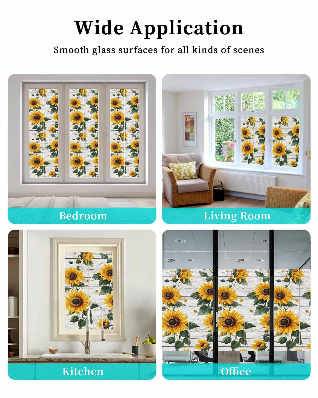 Window Privacy Film Yellow Sunflowers Stained Glass Window Film Decorative Sun Block Window Cover Country Botanical Floral Wooden Grain Window Clings Static Adhesive Sticker for Bathroom 29.5"x118"