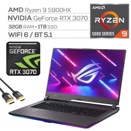 ASUS ROG Strix G17 Gaming Laptop, 17.3" 300Hz IPS 3ms FHD, GeForce RTX 3070, AMD 8-Core Ryzen 9 5900HX, 32GB RAM, 1TB PCIe SSD, USB-C, HDMI, RJ-45, Wi-Fi 6, RGB KB, Mytrix HDMI 2.1 Cable, Win 10