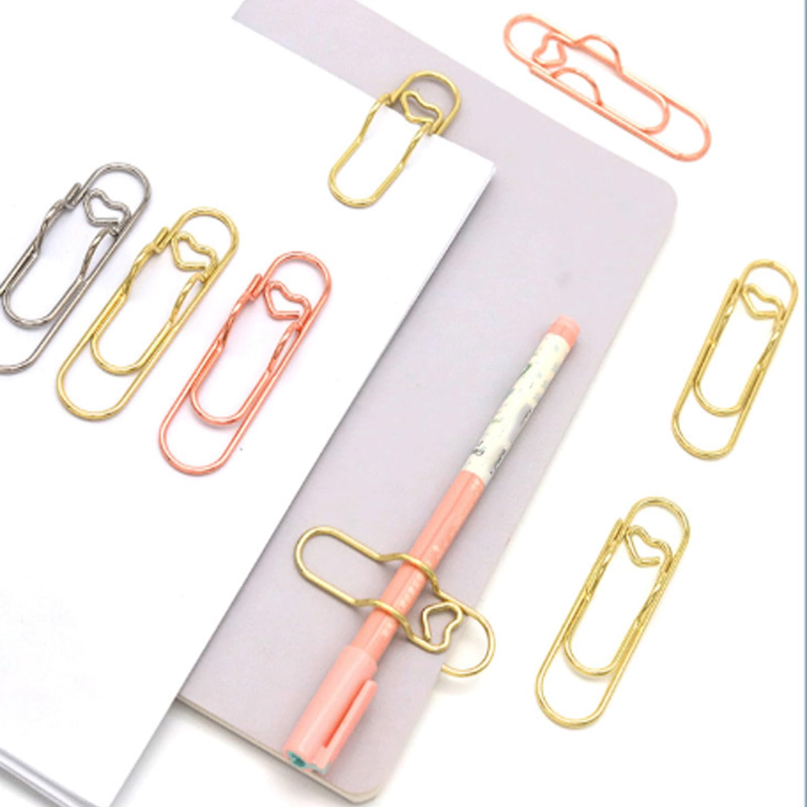 Oversized Paper Clip with Pen Holder, 4 Colors Heart Shaped Metal Pens Holders Clips, Reusable Carbon Steel Paperclip Pen Holder for Notebooks Papers Planner Jumbo Office Supplies