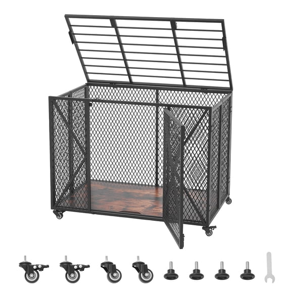 KFFKFF 38-Inch Heavy-Duty Dog Crate, Supports Up to 250 lbs, Foldable Steel Kennel for Indoor Use, Designed for High-Anxiety Small & Medium Dogs, Pet Cage with Dual Doors & Lockable Wheels
