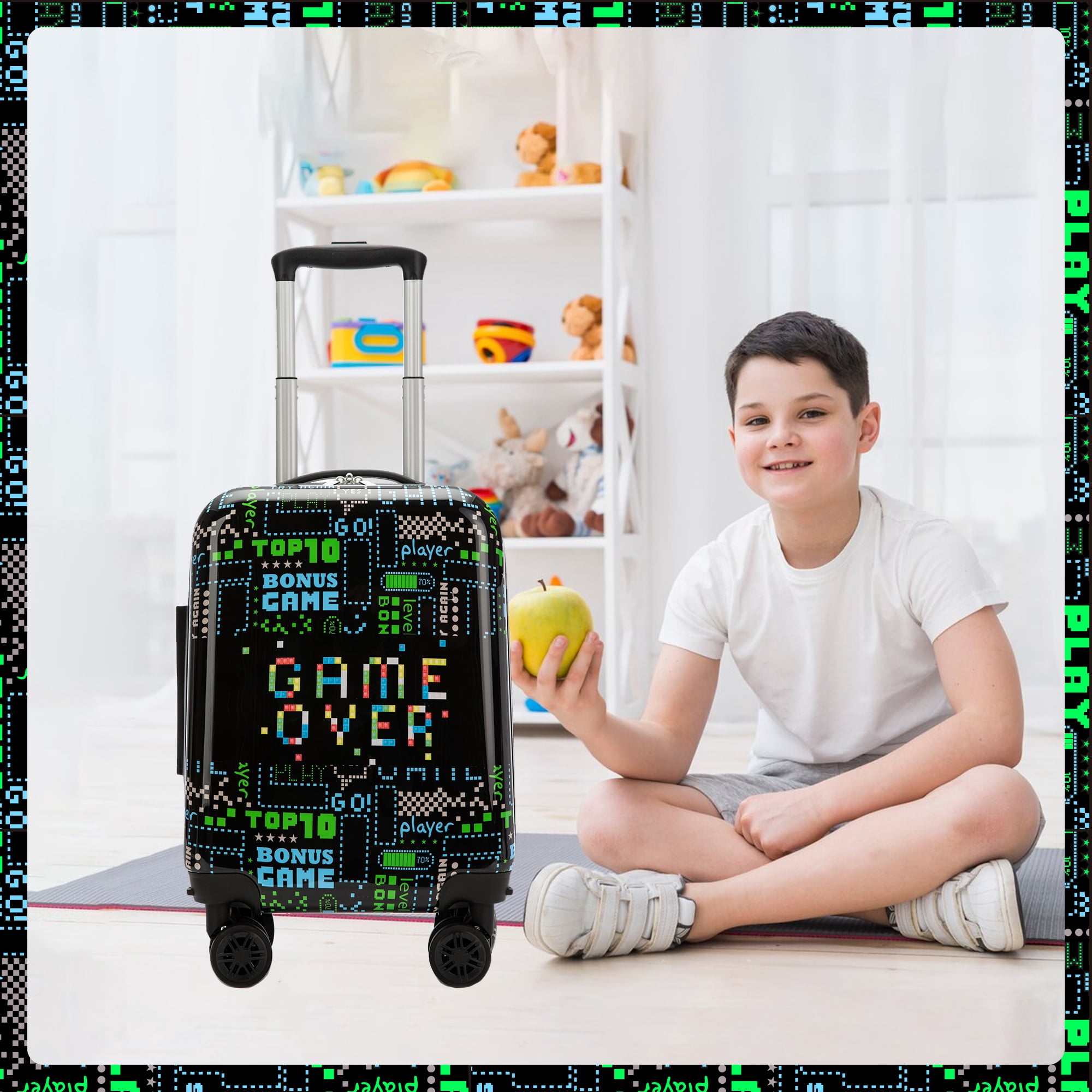 Kids Carry on Luggage Sets 3 Piece Rolling Suitcases for Boys with Wheels Duffle Bag for Travel Hardshell Suitcase with Travel Neck Pillow