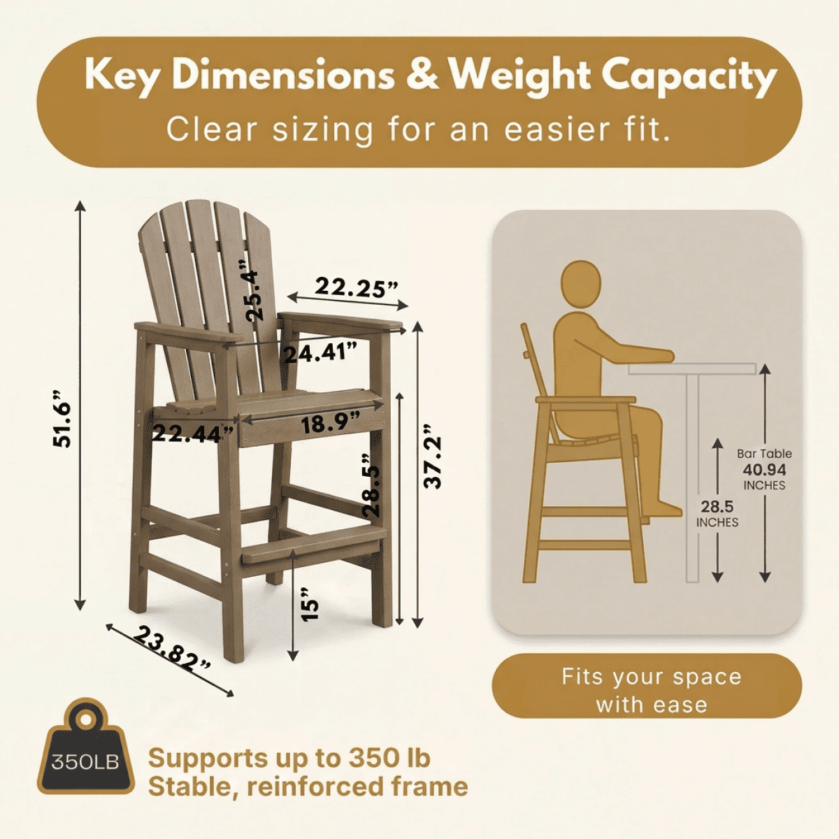 HDPE Bar Height Adirondack Chair All-Weather Outdoor Patio Chair with Cup Holder (Weathered Wood)