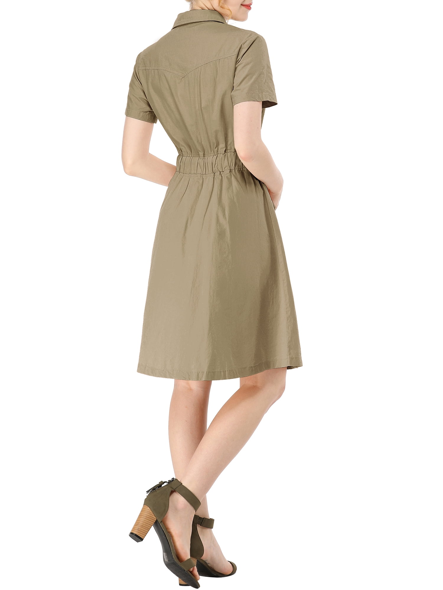 DARING DIVA Collar Elastic Waist Above Knee Dress with Pocket L Dark Khaki