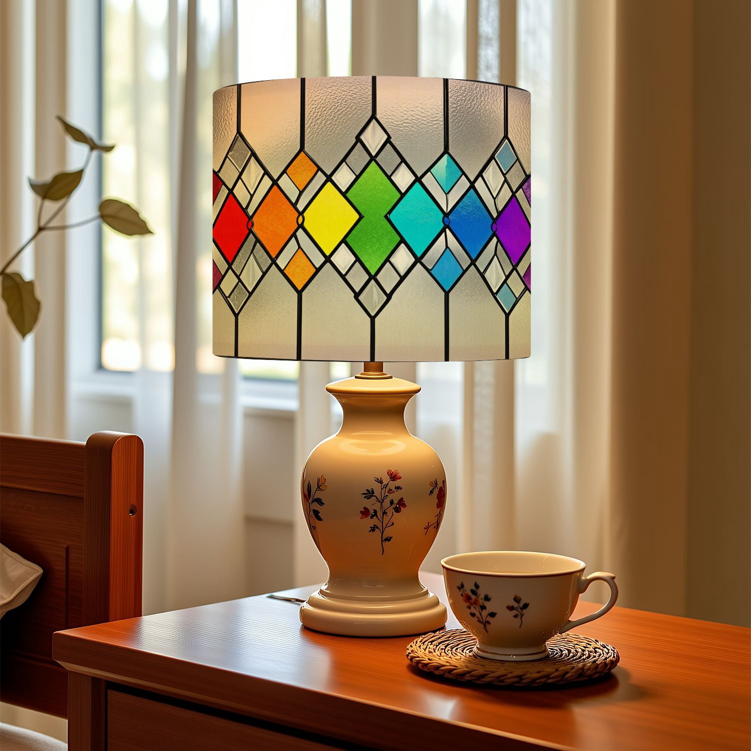 Linen Drum Lampshades Stained glass window geometric colorful Abstract modern 13"x13"x10" Light Shade for Table Lamps Floor Lamps Drum Lamp Shades Lampshade Replacement Assembly Required