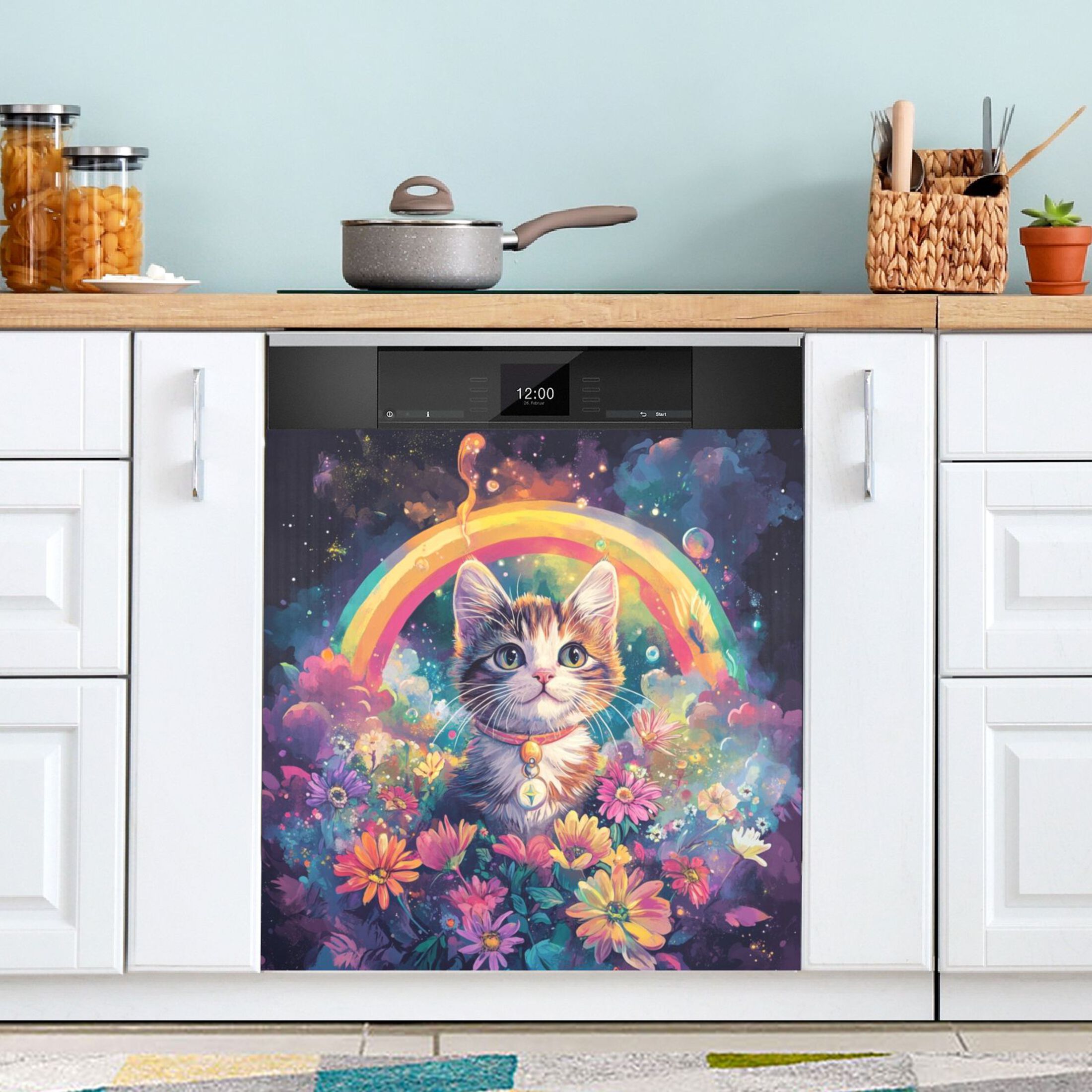 Dishwasher Magnetic Sticker 23x26 Inch Refrigerator Magnetic Sticker Washing Machine Magnetic Sticker Kitchen Panel Magnetic Sticker Home Decor Pretty Rainbow Cat