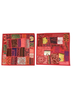 Mogul Indian Ethnic Patchwork Cushion Cover Red Embroidered Vintage Cotton Pillow Sham 16x16