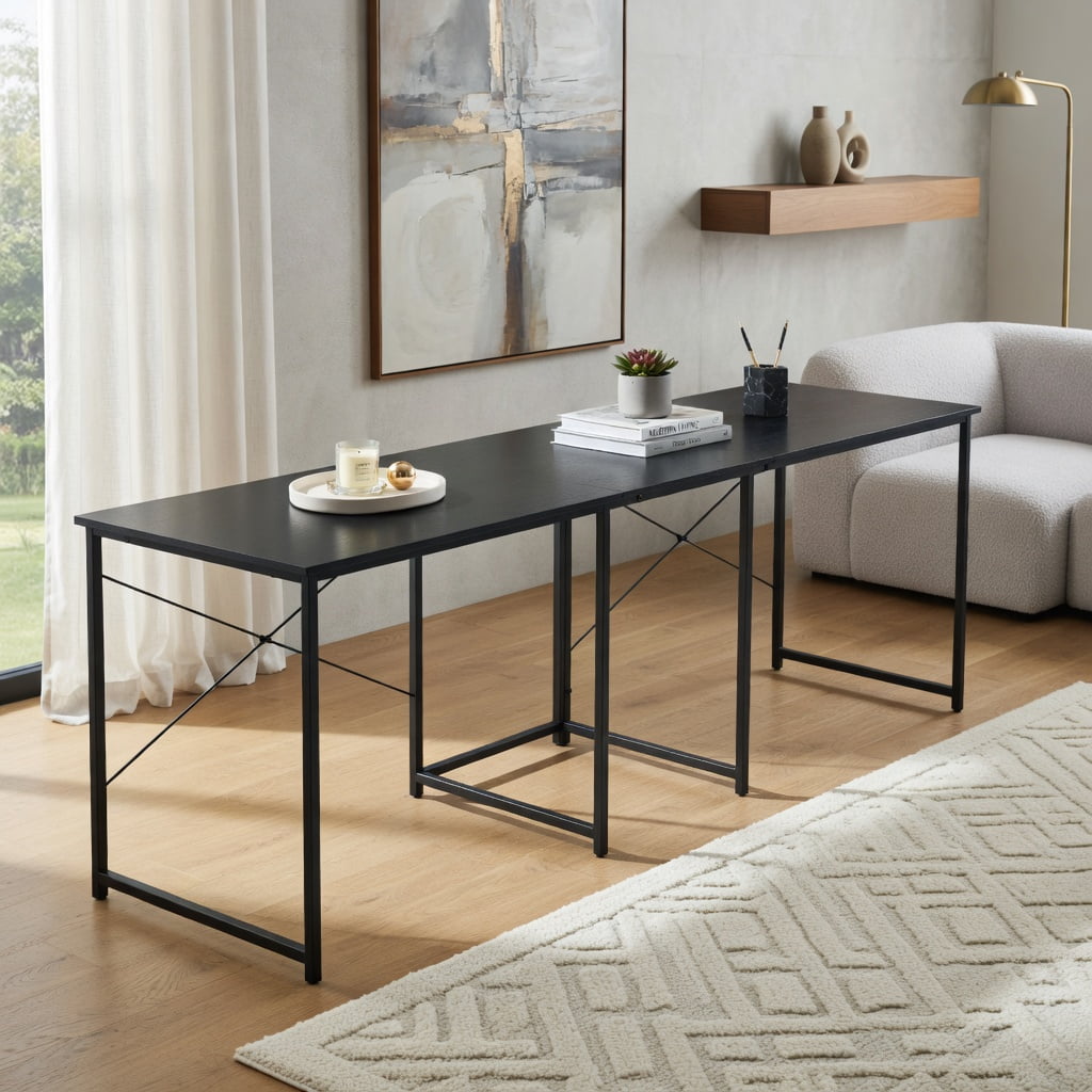 Demi Bonn 95" 2-Person L-Shaped Long Reversible Computer Desk with Monitor Stand, Small Home Office Desk Study Writing Table, Black