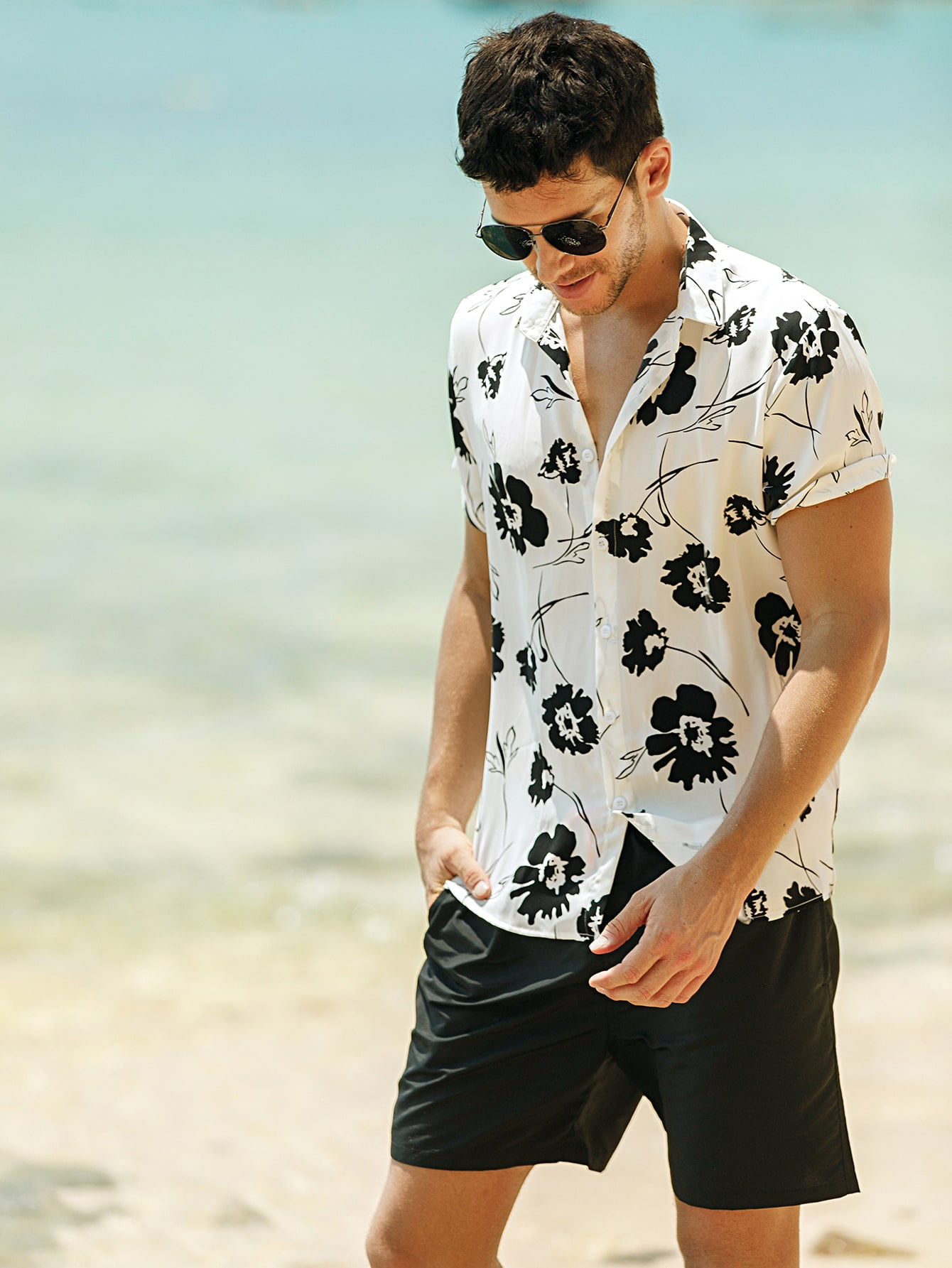 Men Floral Print Button Up Shirt L(8/10 
