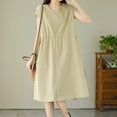 thumbnail image 6 of SMihono Cotton Linen Dress for Women V Neck Short Sleeve Flowy Swing Dresses Summer Casual Loose Fit Midi Tunic Dress Beige XL, 6 of 9