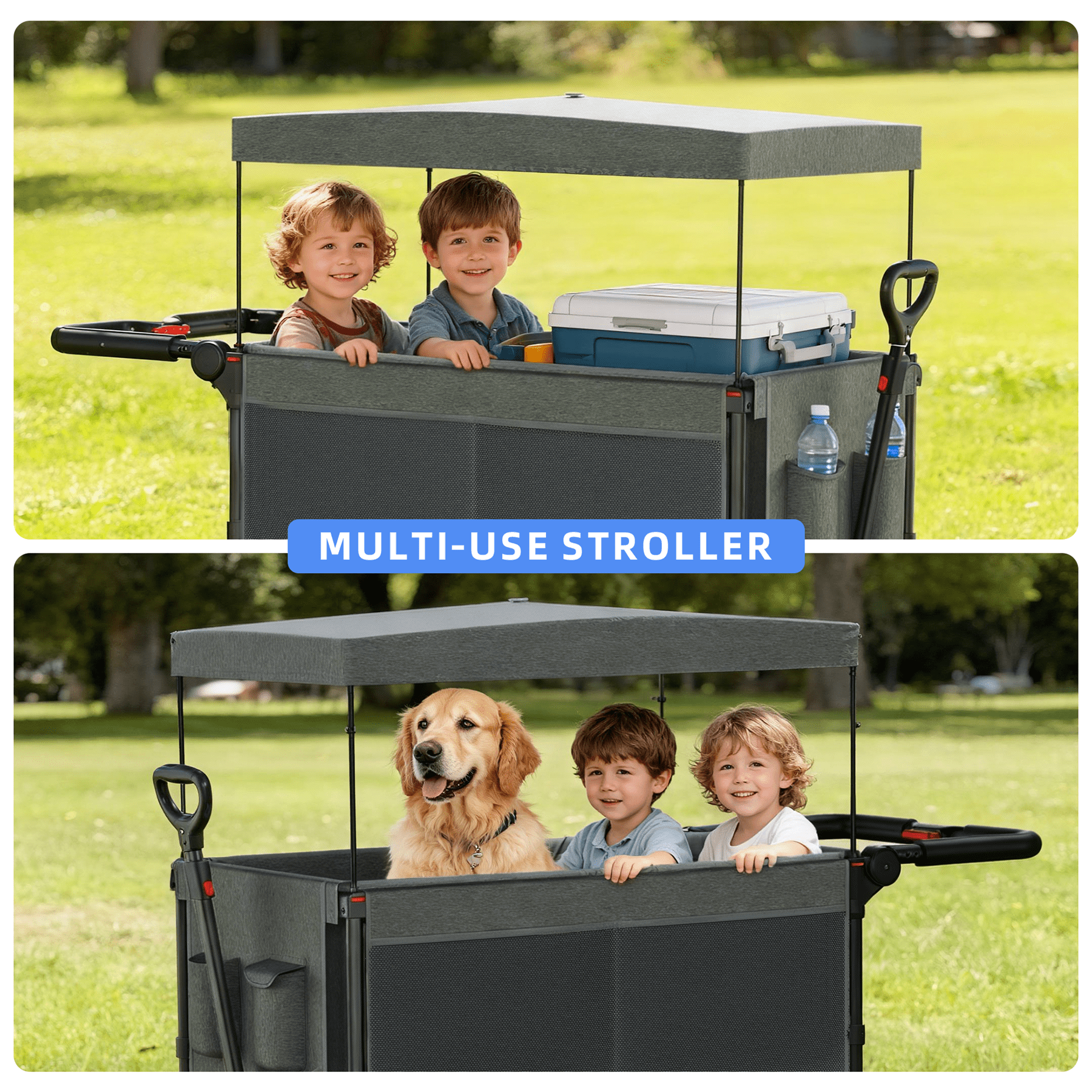 SaveJoy Wagon Stroller, Collapsible Stroller Wagon for 4 Passenger with Adjustable Canopy & 5-Point Harness, Grey