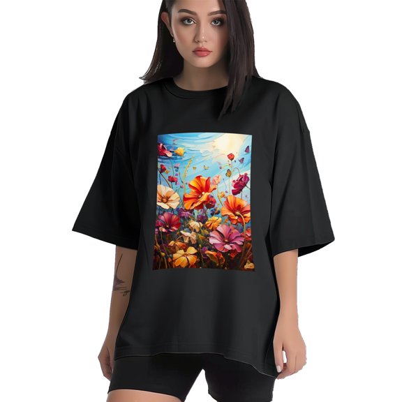Plus Size Shirt for Women Black Tops for Women Short Sleeves Shirt for Women Flower 7 T Shirt Crewneck Shirt for Women XS