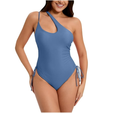 ZQGJB Women s Sexy One Piece One Shoulder Swimsuit with Drawstring Tummy Control Bathing Suit Sexy High Cut Swim Suits(Blue L)