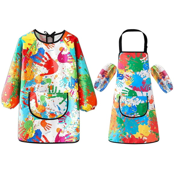 Rirool Kids Waterproof Art Smock & Apron Set - Long Sleeve Painting Smock with Adjustable Straps & Pocket for Ages 5-8, Toddler Artist Apron for Painting, Cooking, Crafts