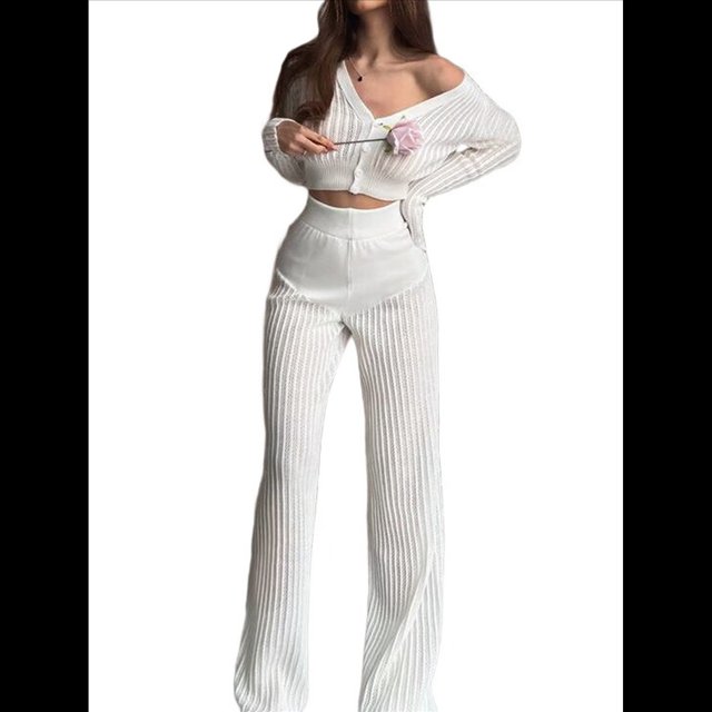 Traje Informal de Dos Piezas para Mujer, de Punto Liso, con Aberturas, Larga, Botones y Pantalones de Cintura Alta. M