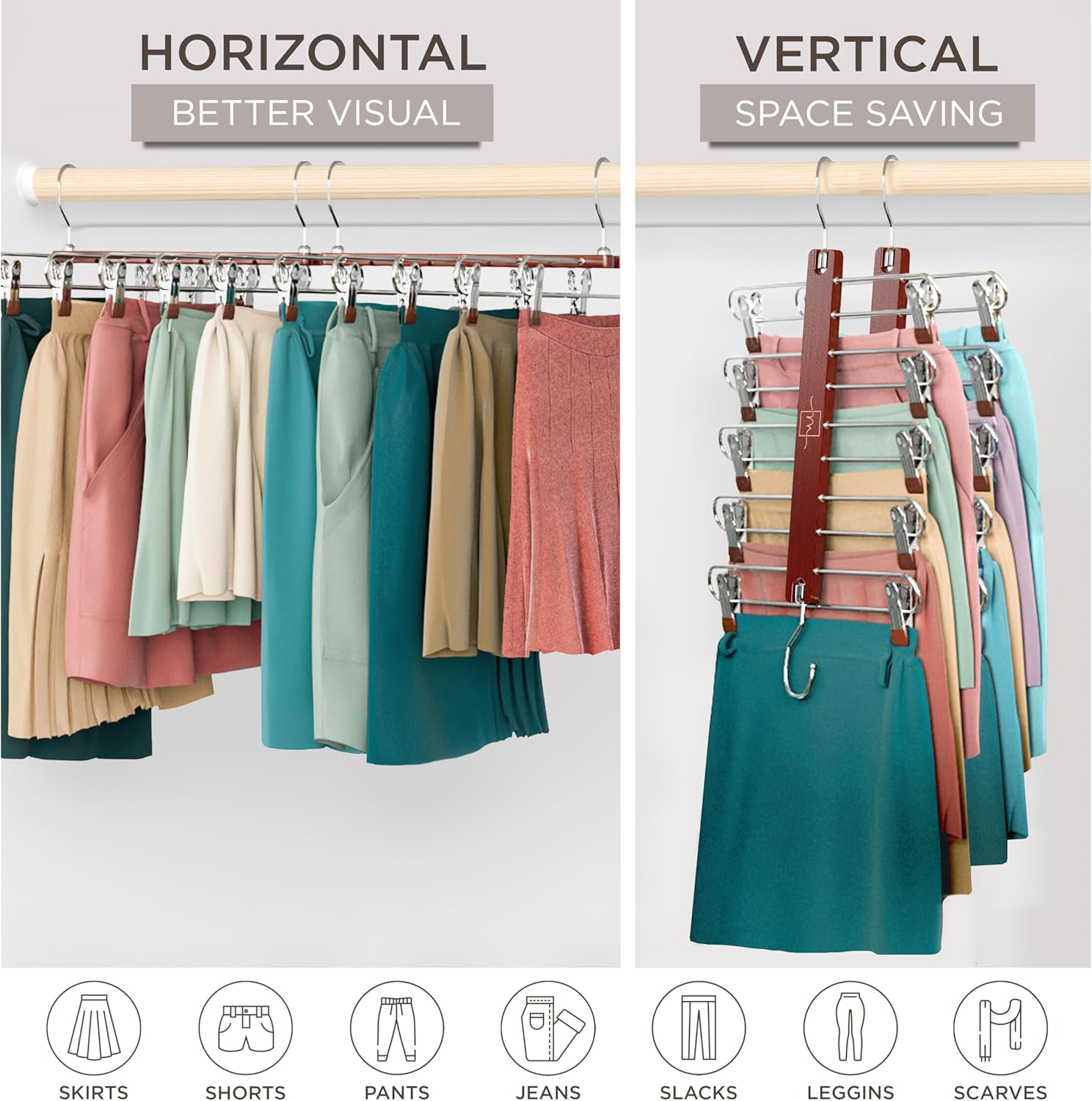 Skirt Hangers Space Saving with Clips - 2 Pack - European Beechwood 5-Tier Hanger for Shorts, Skirts, and Pants - Closet Organizer and Storage Solution for Women with 360 °   Swivel Hook