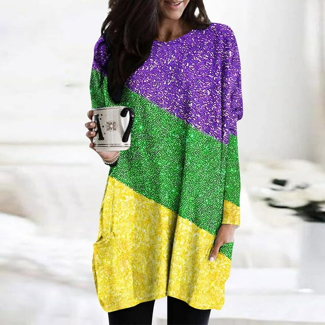 FcBaudy Hauts pour Femmes, Blouses et Chemises à Manches Longues et Col Rond, Chemises pour Femmes, Tunique Décontractée Ample Imprimée Mardi Gras, T-Shirt Long à Manches Longues et Col Rond avec Poche, Blouses pour Femmes