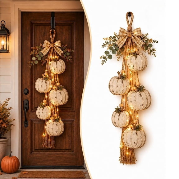 Rustic Wooden Pumpkin Door Hanging with Warm LED Lights, Fall Swags for Front Porch, Entryway & Wall Home Decor