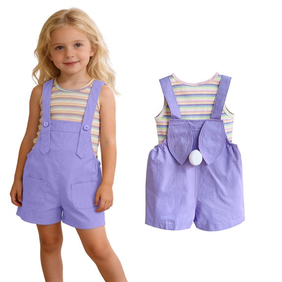 Girl Easter Outfit Sleeveless Striped Tank Top and Overalls 2 Peice Summer Outfit Set Dress up Party Outfit Girls Clothes Size 5-6 Years