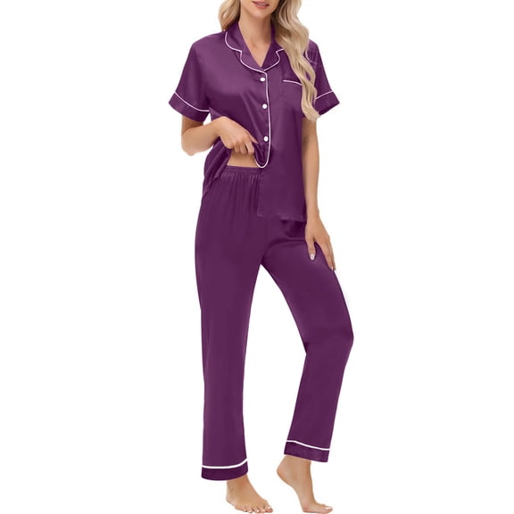 UVN Pajamas Sets for Women Short Sleeve Button Down Tops And Pants Sleepwear Soft Silk Satin Pjs Loungewear 2 Piece Outfit