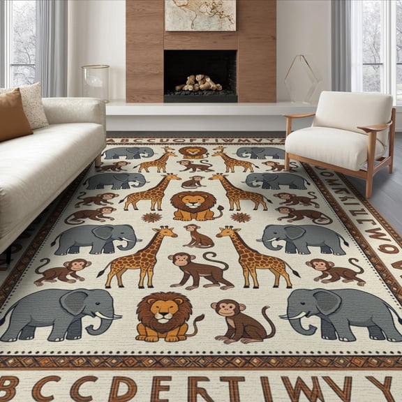 ODIKA 8'x10' Washable Area Rug Educational Design With Alphabet Border And Safari Map Layout Zoo Animal for Living Room, Under Sectional, Family , Durable, Non-Slip
