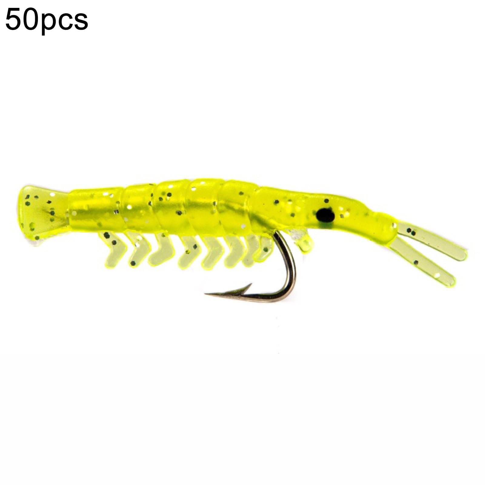 50x Fishing Bait Lure Artificial Soft Shrimp Lures Glow+Yellow Hook Prawn w/Hook 