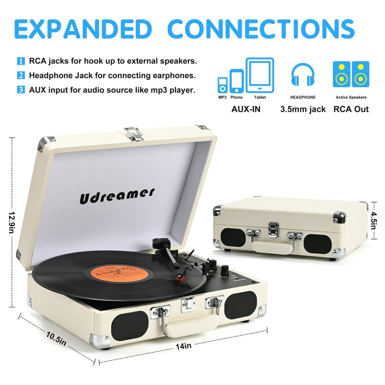 Udreamer Vinyl Record Player With Bluetooth,All In One 3-Speed Vintage  Audio Turntables,White 