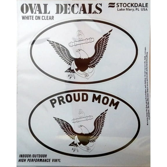 U.S. Navy, Proud Mom, 2-Piece White and Clear Euro Decal Sticker Set, 4x2.5 Inch Each, United States Military