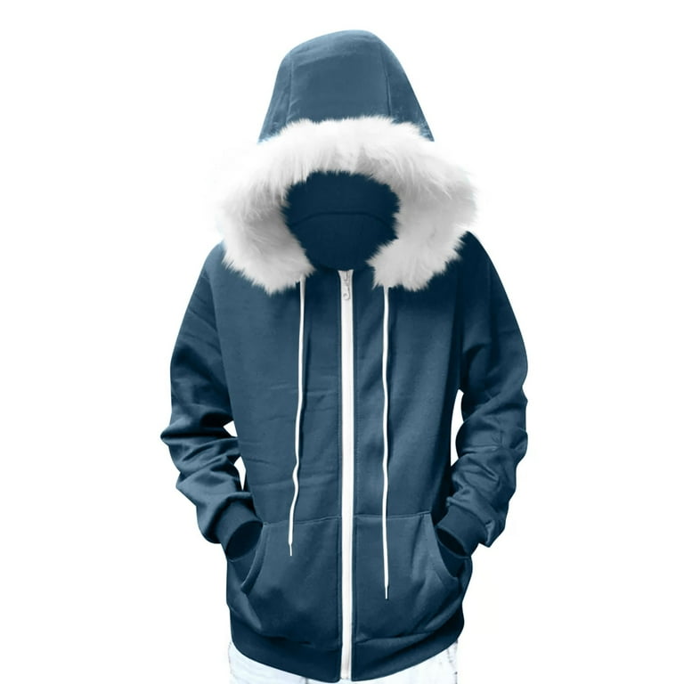 DDAPJ pyju Womens Faux Fur Trim Hooded Sweatshirt Jacket