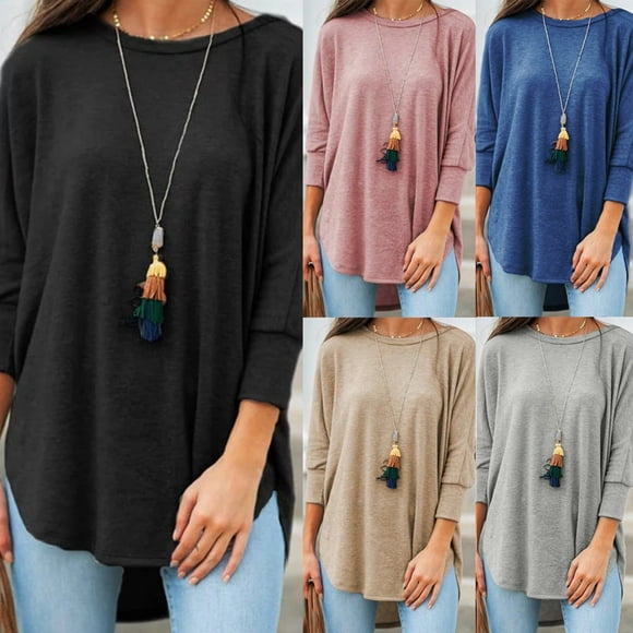 T-shirt Ample pour Femmes, Décontracté, Couleur Unie, Manches 3/4, Col Rond, Ourlet Irrégulier, Grande Taille