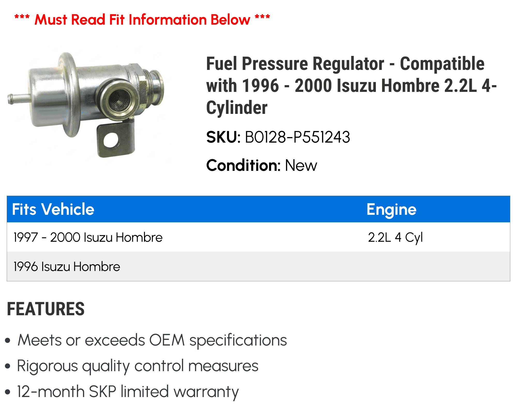 Fuel Pressure Regulator - Compatible with 1996 - 2000 Isuzu Hombre 2.2L 4-Cylinder 1997 1998 1999