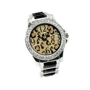 Ladies Cheetah Spotted bling dial silver-tone clubbing watch 36mm 11mm thick case. CZ bezel, 18mm wide silver-tone metal with black acrylic link braclet fits 7.5 inches wrist.