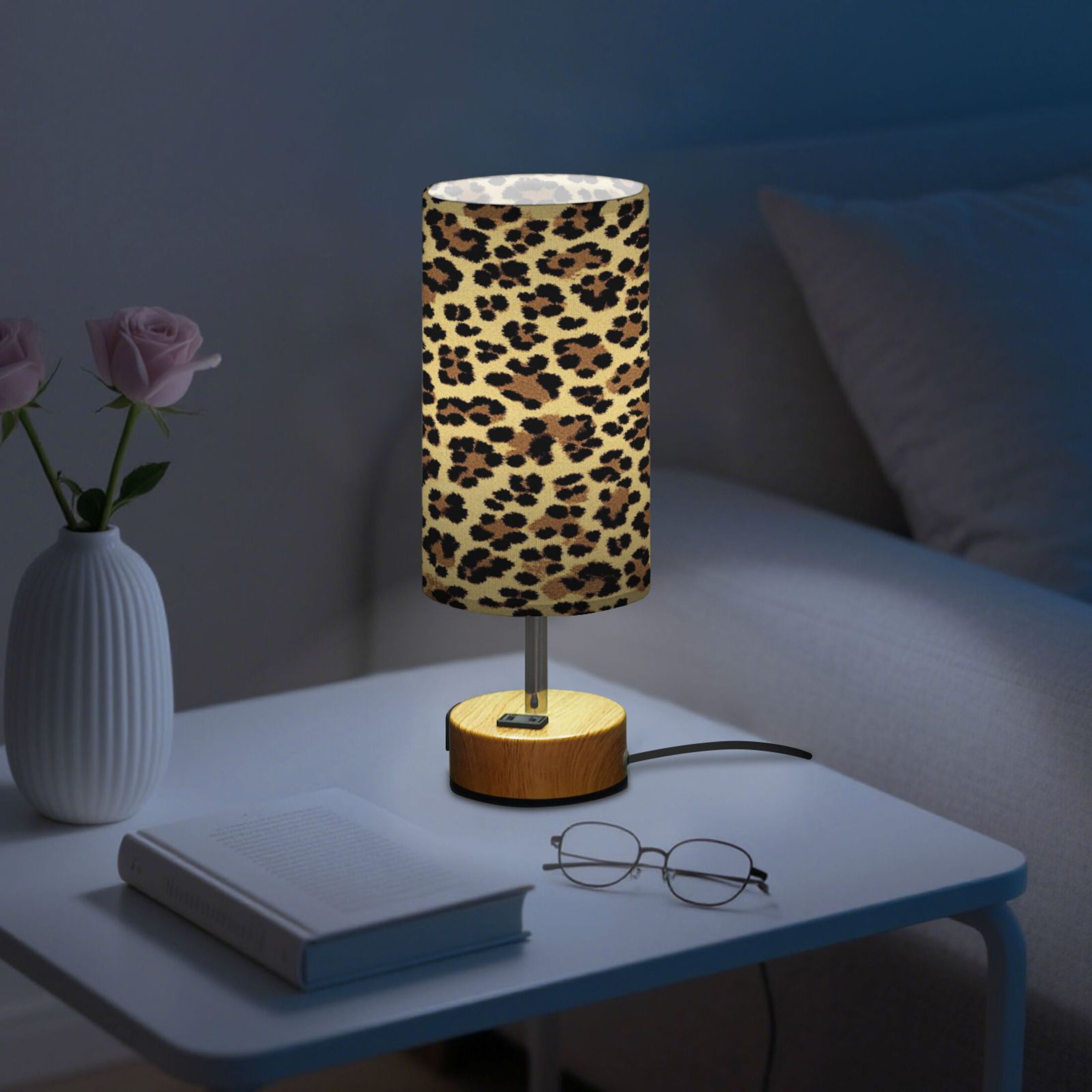 Wobogo Brown Leopard Bedside Lamp Touch Control Table Lamp with USB A+C Charging Ports & AC Outlet 3-Way Dimmable Nightstand Lamp with Linen Fabric Shade for Bedroom Living Room