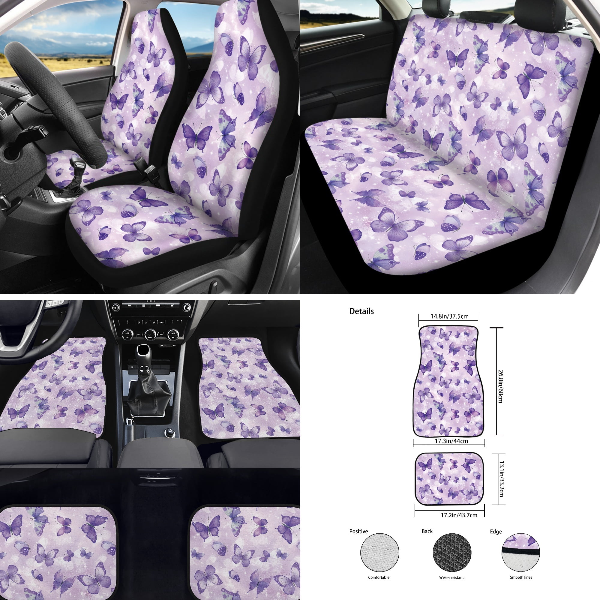 Jeiento Purple Butterfly Automotive Seat Covers Full Set for Women, 17 Pcs Car Interior Decorative Accessories Include Car Seat Covers Floor Mats Steering Wheel Cover Armrest Cover