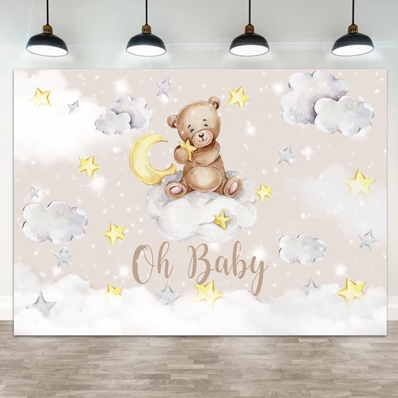 Baby Shower Backdrop Oh Baby Photography Background Brown Bear Yellow Moon Star Glitter White Cloud Boys Girls Kids Birthday Party Banner Decorations Gender Reveal Photo Booth Props