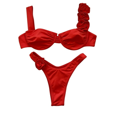 Arnsht Women s 2 Piece Rose Floral Appliques Bikini Set Elegant Ruched Underwire Swimsuit High Cut Plain Color Bathing Suit Red M