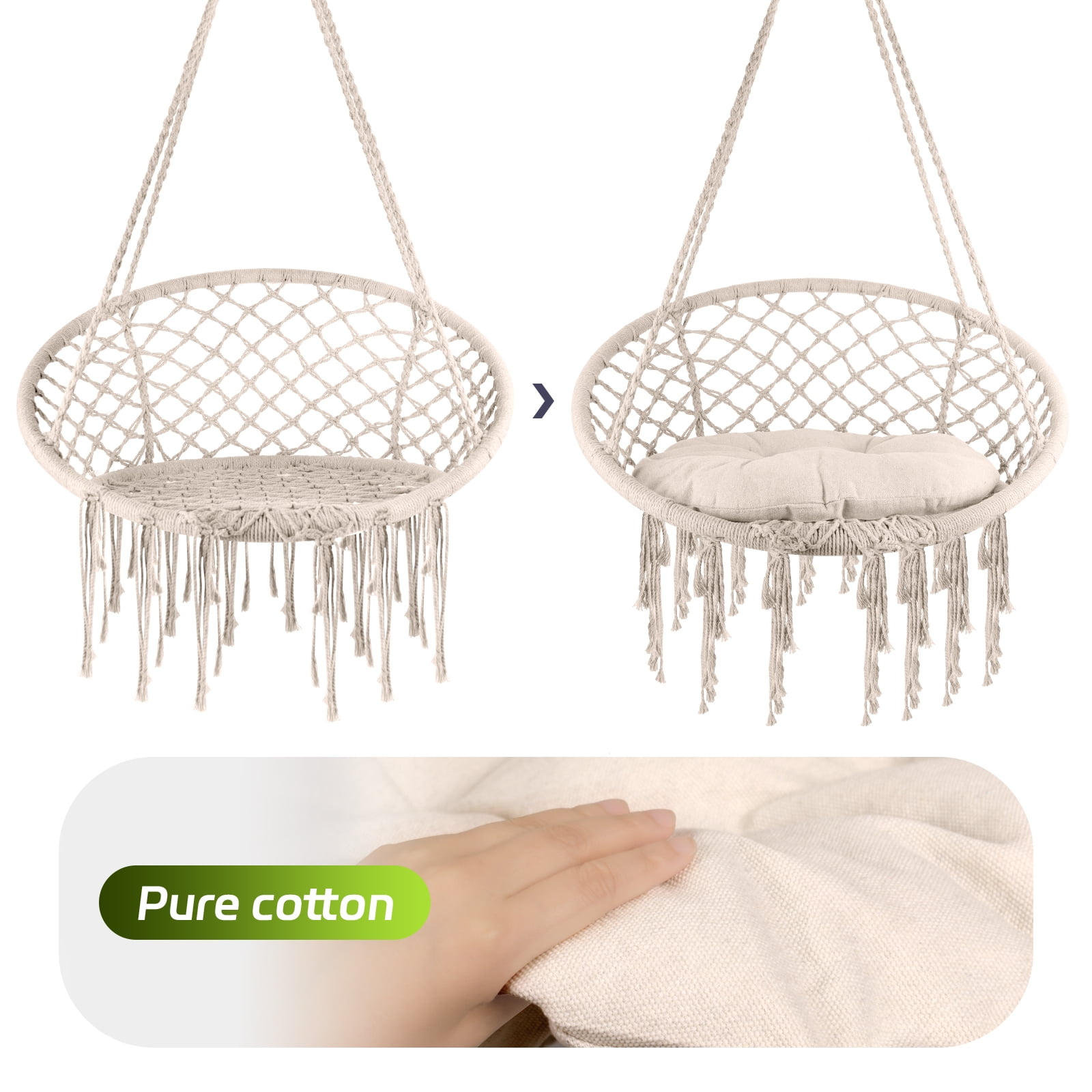 Macrame Hammock Chair Rope Swing, Hanging Cotton Kits - Hand-Woven Rope, Steel Spreader Bar Anti-Slip Rings, Cream White, Firmly Woven, Easy Assembly, Soft, for Porch Patio