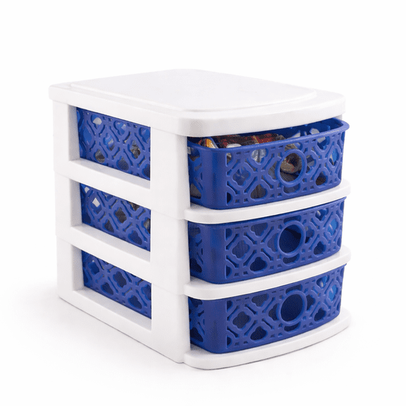 3 Drawer Mini Plastic Organizer with Basket Weave Design, Desktop Storage for Makeup, Cosmetics, Arts & Crafts & Office Supplies, Blue