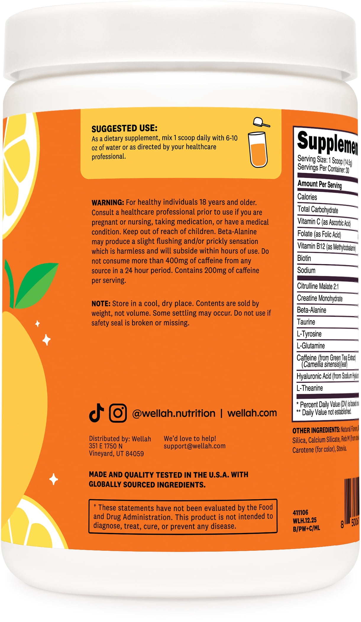 Wellah Pre-Workout + Creatine Powder (30 Servings) Mango Lemonade - 200mg Caffeine, 3g Creatine Monohydrate, 5g Citrulline Malate, Pre-Workout with Creatine Supplement