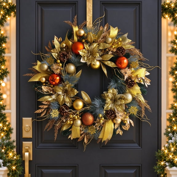 24 Inch Gold Artificial Pine Christmas Wreath for Front Door , Gold Ornaments, Pinecones, Berries and Decorative Leaves, Christmas Door Decoration