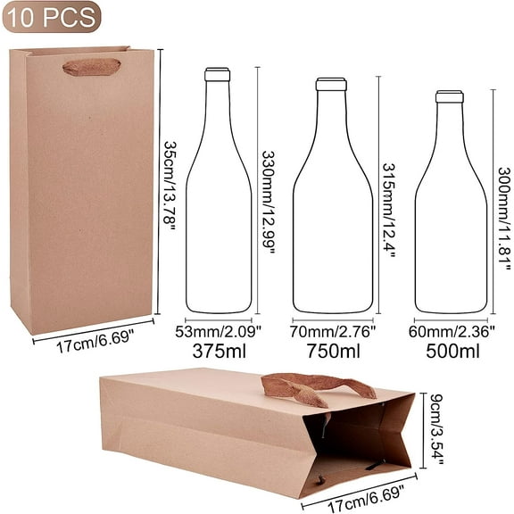 10pcs 13.7x6.6x3.5inch Large Wine Bottle Bags for Gifts Double Bottle Carrying Brown Bags with Ribbon Handles