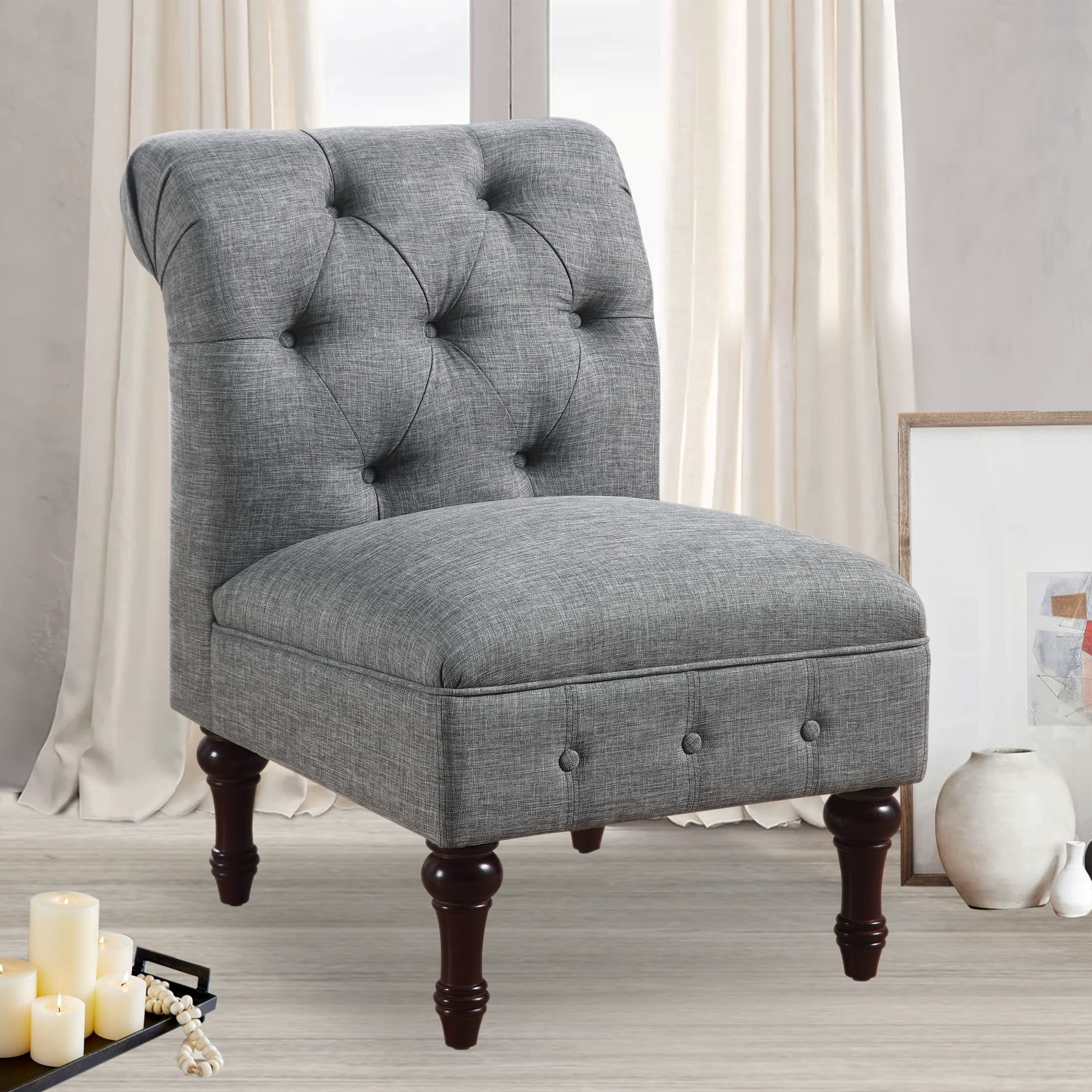 Gewnee Armless Royal Chair,Linen Gray Button-Tufted Accent Chair With Rubberwood Legs