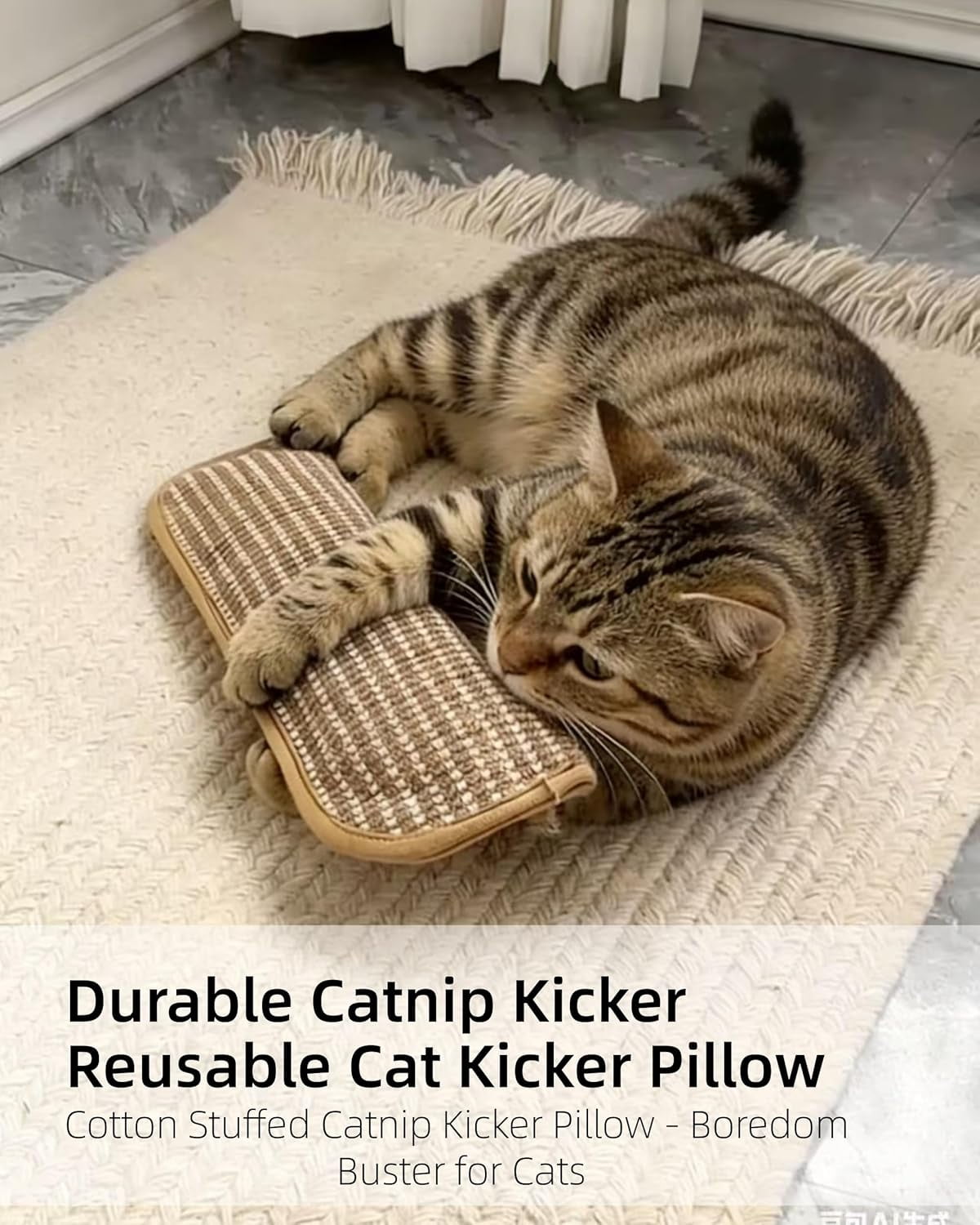 Interactive Catnip Chew Toy for Indoor Cats, 13 Inches Sisal Scratching Pad & Catnip Pillow, Natural Kicker Toys for Anxiety Relief, Chew-Resistant Play Mat