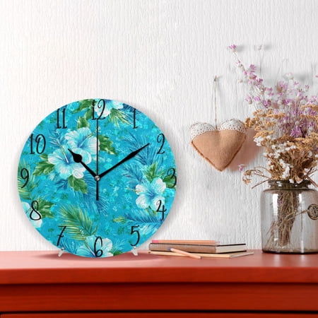 10 Quartz Indoor Wall Clock Silent Mechanism - Turquoise Hibiscus Tropical Print