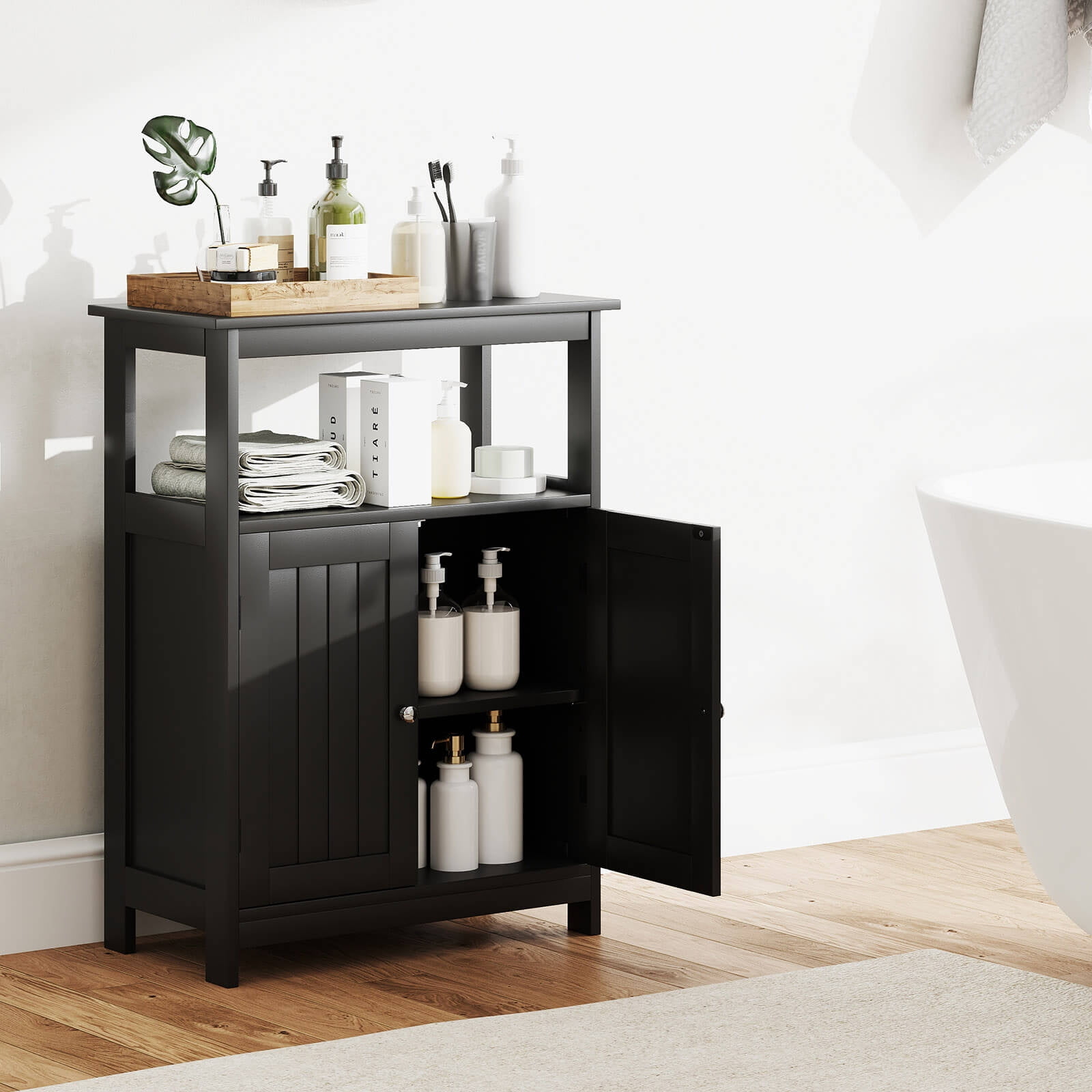 Costway Bathroom Floor Cabinet Freestanding Storage Organizer with 2 Doors Open Compartment Black