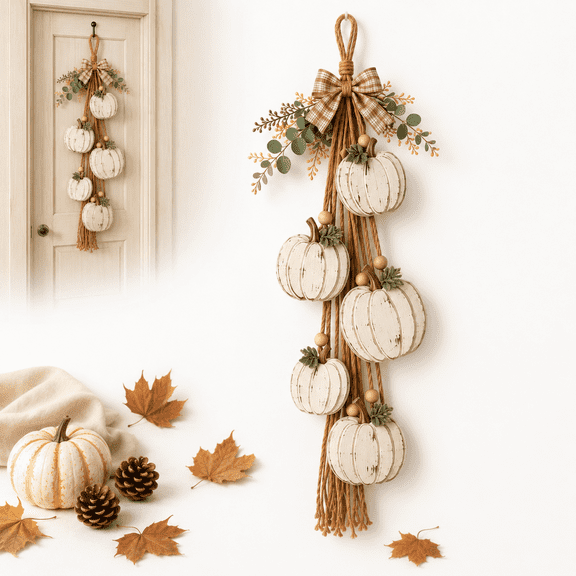3D White Pumpkin Hanging Wall Decor, Rustic Fall Swag with 5 Wooden Style Pumpkins, Jute Rope, Plaid Bow and Beads for Front Door Wall Porch Thanksgiving Autumn Decor, 1PC