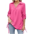 thumbnail image 2 of tarylea Womens Tops 3/4 Sleeve Turn down Collar V Neck Shirts Side Drawstring Curved Hem Blouse Casual Loose Pleated Tops, 2 of 4