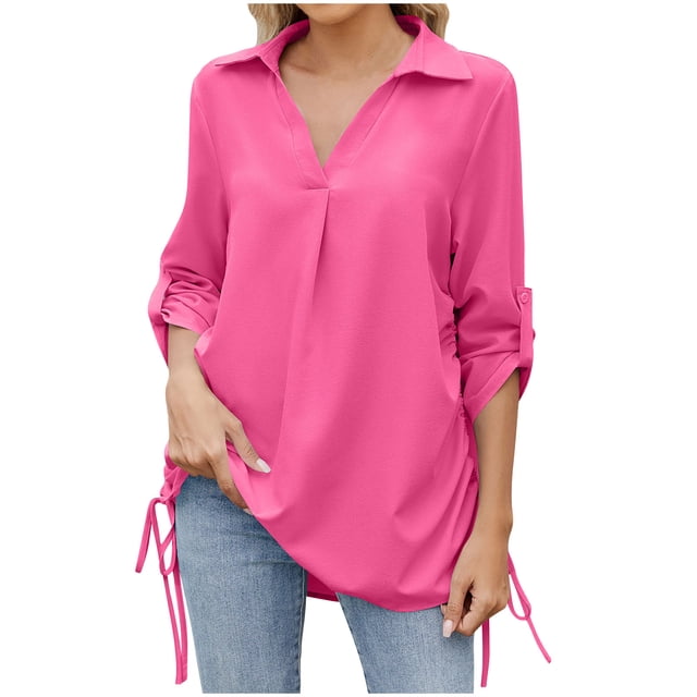 Hvobtty Chemise à Manches Longues pour Femmes à Col Rabattu, Blouse à Col en V pour Femmes Grande Taille Décontractée Ample à Manches Longues